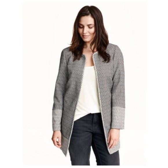 Size 6 Black & White Patterned‎ Open Front Long Jacket w/Pockets Blazer Tweed - Picture 1 of 9